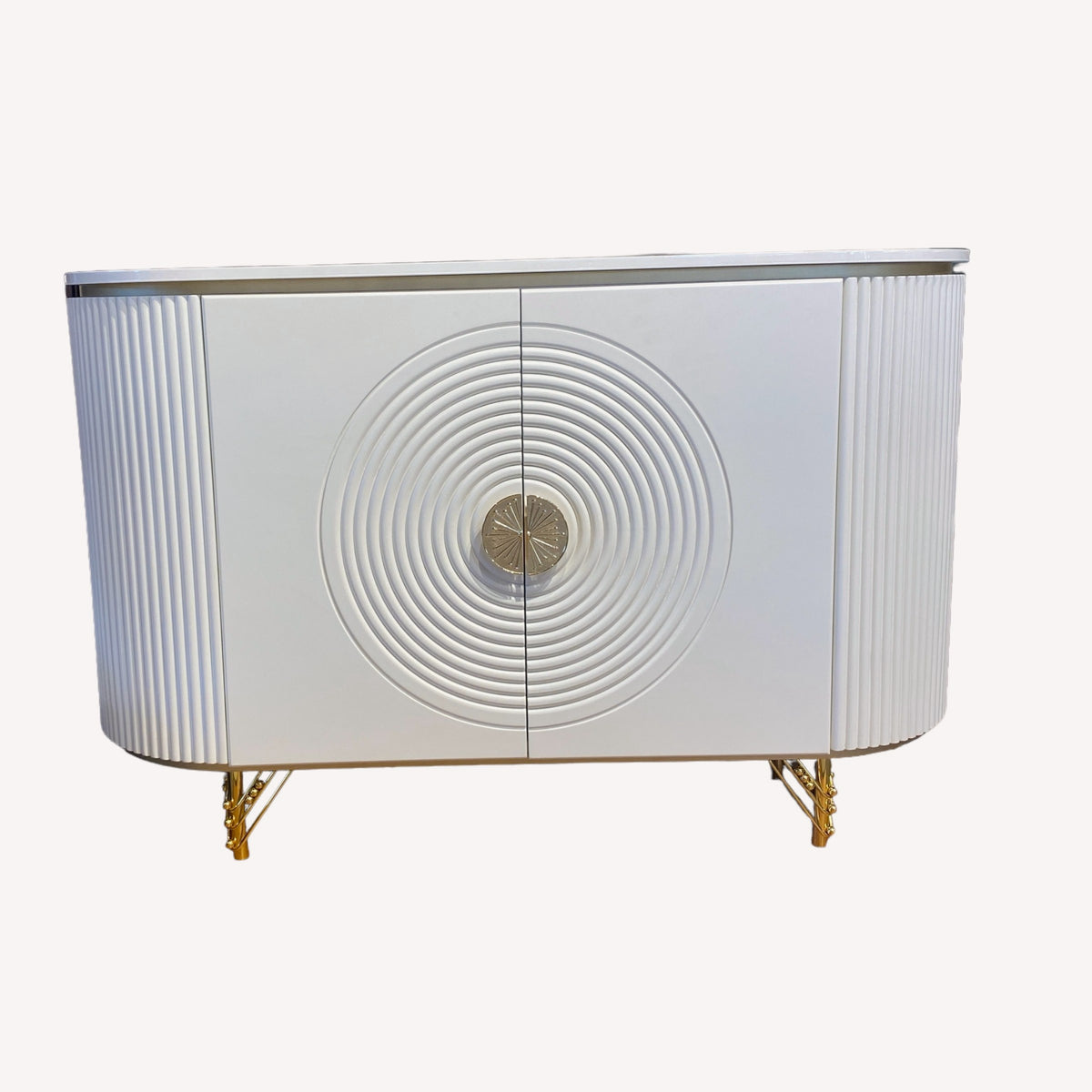 Valencia white sideboard with concentric circle doors and gold legs, view 4