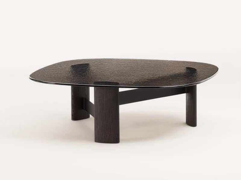 Noir coffee table with smoked glass top on black geometric wood base, view 4