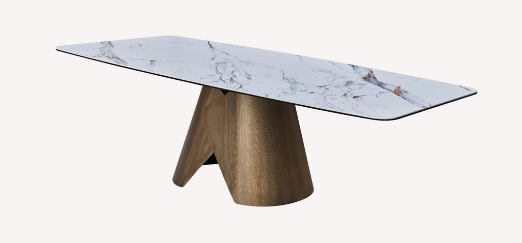 Crown marble look porcelain dining table on brushed gold crown pedestal, view 4