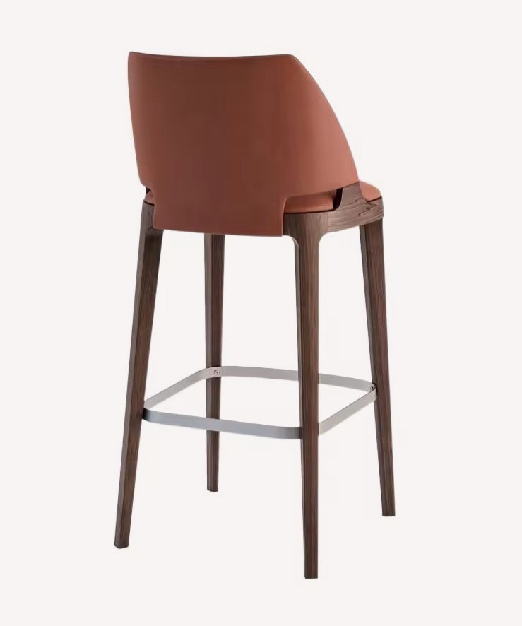 Carlos dark wood bar stool with brown upholstered angled back, view 4