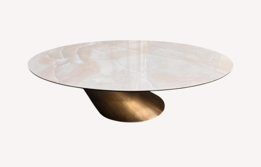 Netz oval porcelain coffee table on angled bronze cylinder base, view 4