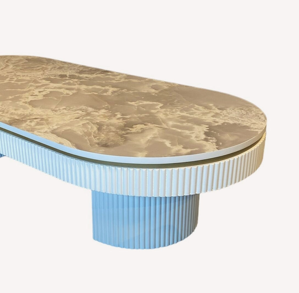 Orlando fluted white coffee table with marble look oval top, view 4