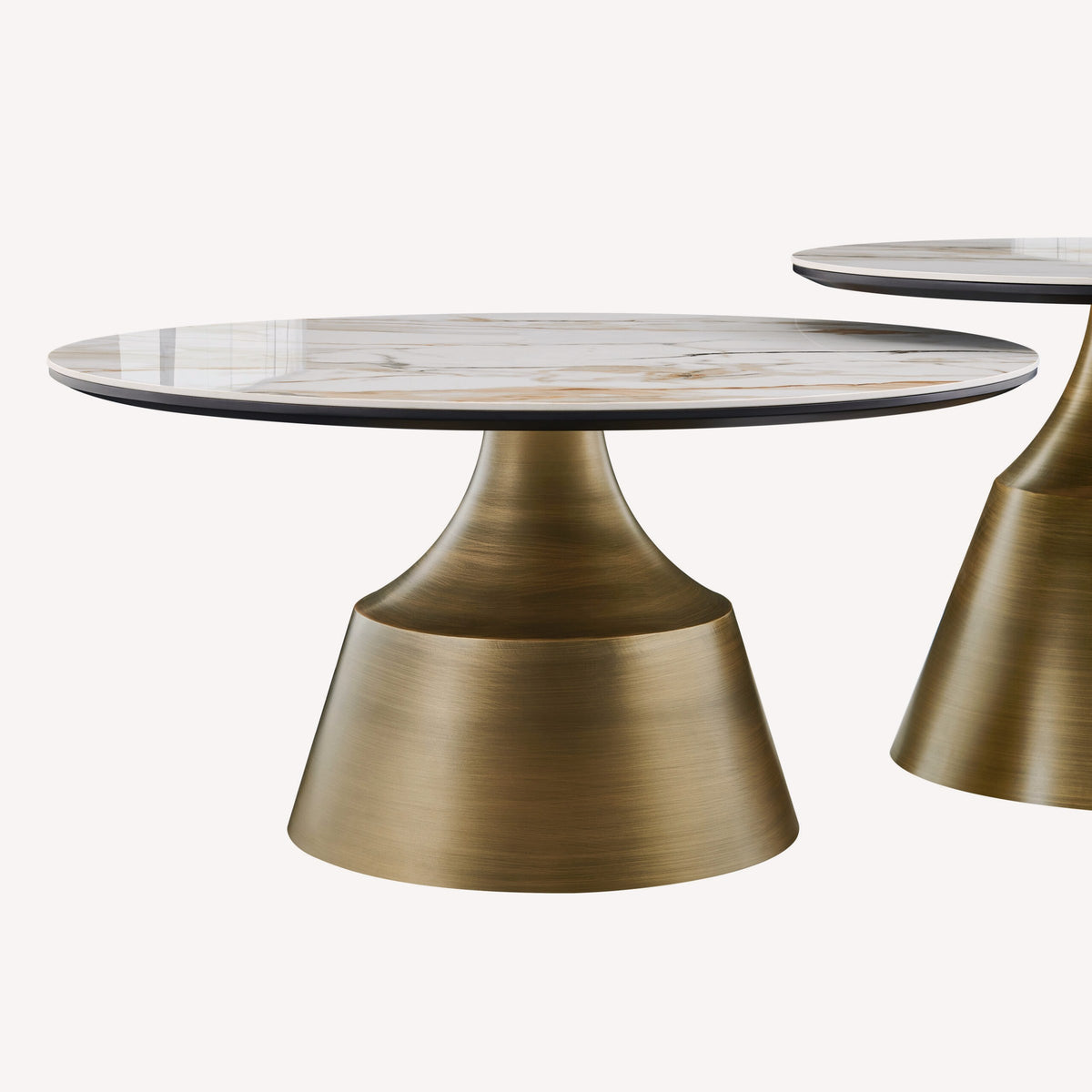 Cono pair of round marble look tables on brushed gold cone bases, view 4