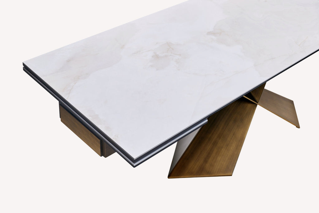 Delta extendable marble look porcelain dining table on angular bronze base, view 4