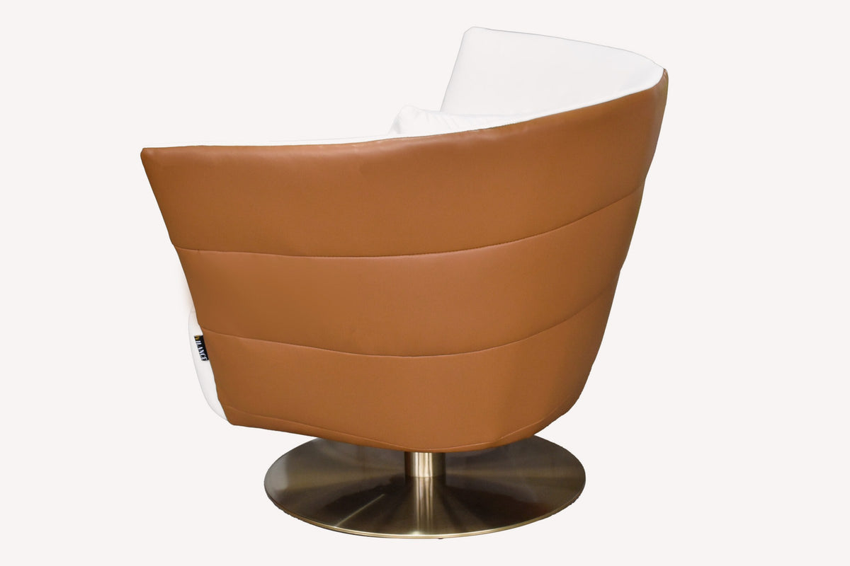 Shavit white petal shaped swivel chair with cognac edge and bronze base, view 4