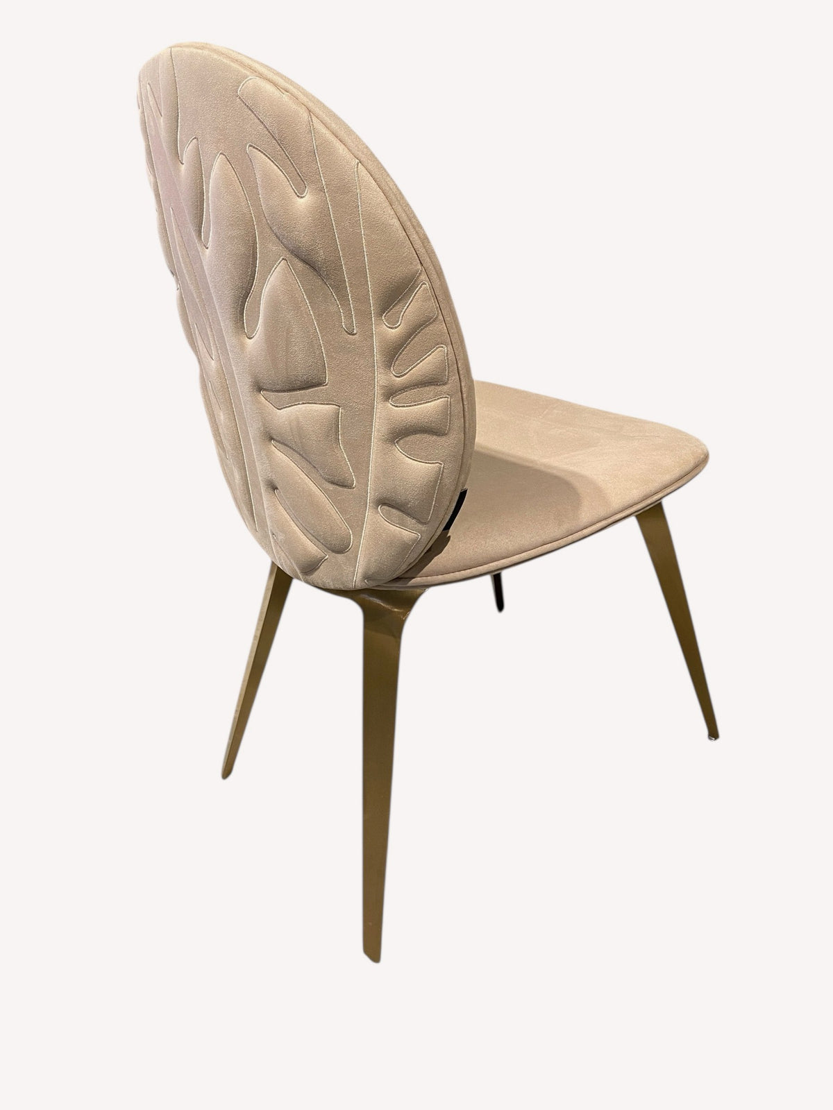 Rose beige velvet dining chair with oval back and gold legs, view 4