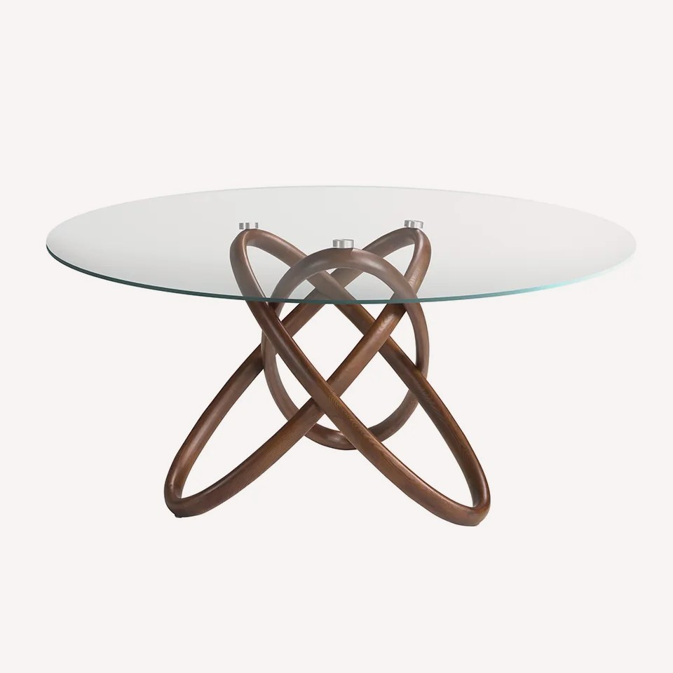 Orian round glass dining table on sculptural interlocking wood rib base, view 4