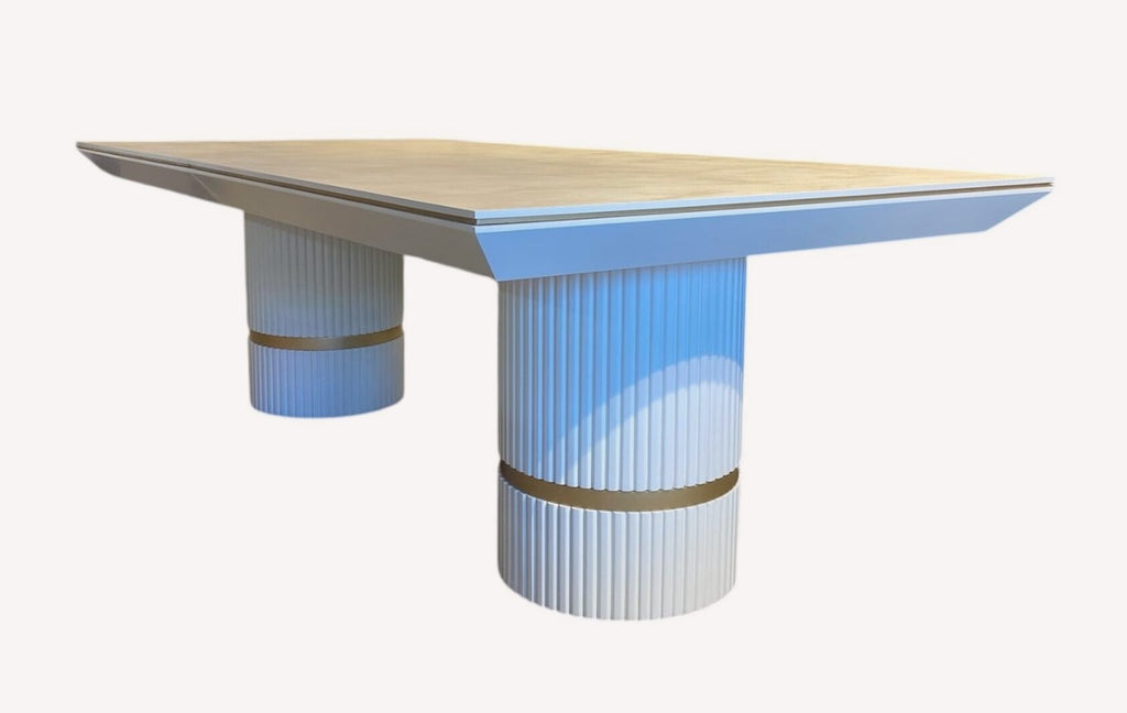 Imperia dining table on two fluted white pedestals with gold band, view 4