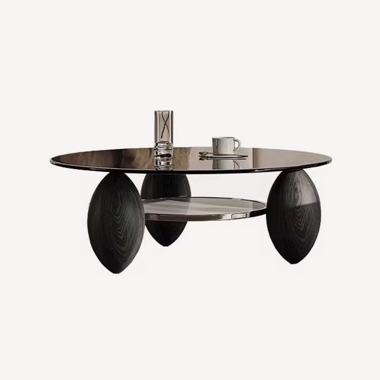 Black Gaia amber glass coffee tables on dark solid wood legs, view 5