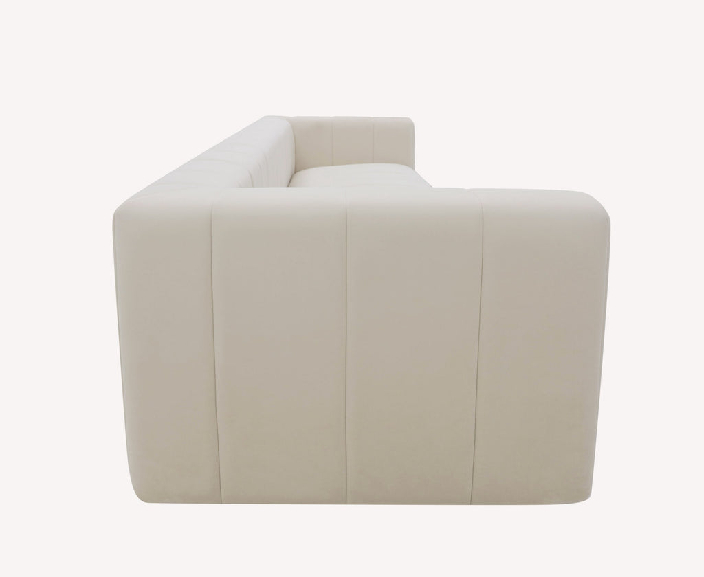Stripes cream channel tufted sofa with track arms, view 5
