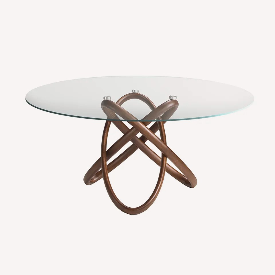 Orian round glass dining table on sculptural interlocking wood rib base, view 5