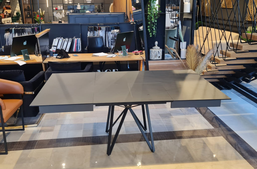 Marshall square gray extendable dining table on angular black legs, view 6