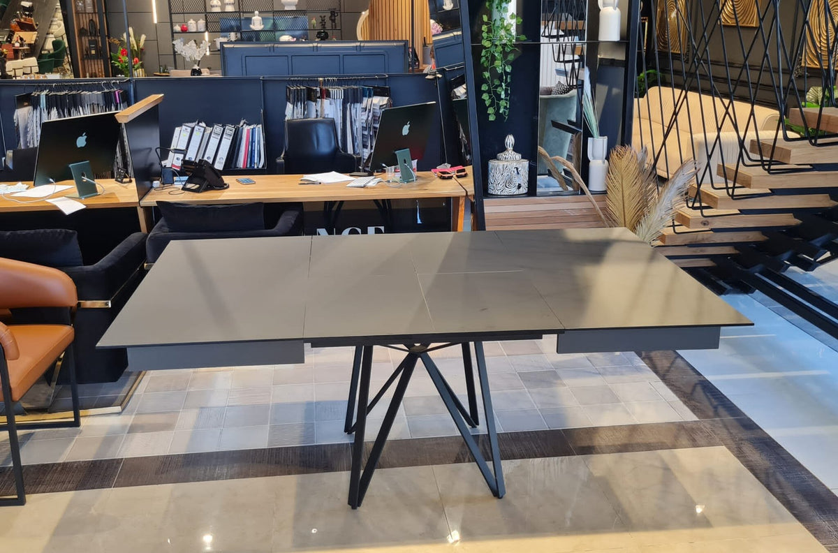 Marshall square gray extendable dining table on angular black legs, view 6