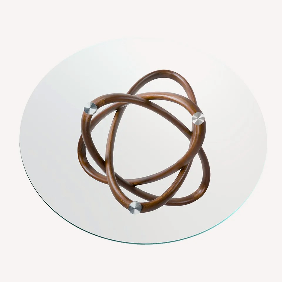 Orian round glass dining table on sculptural interlocking wood rib base, view 6
