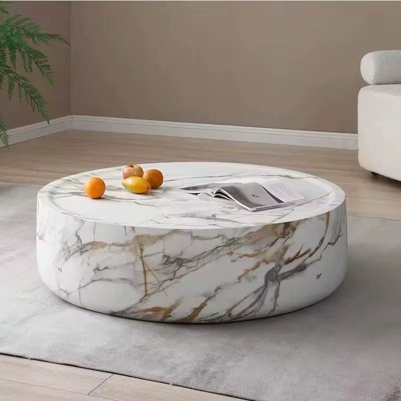 Madrid round white marble look drum coffee table and side table, view 2