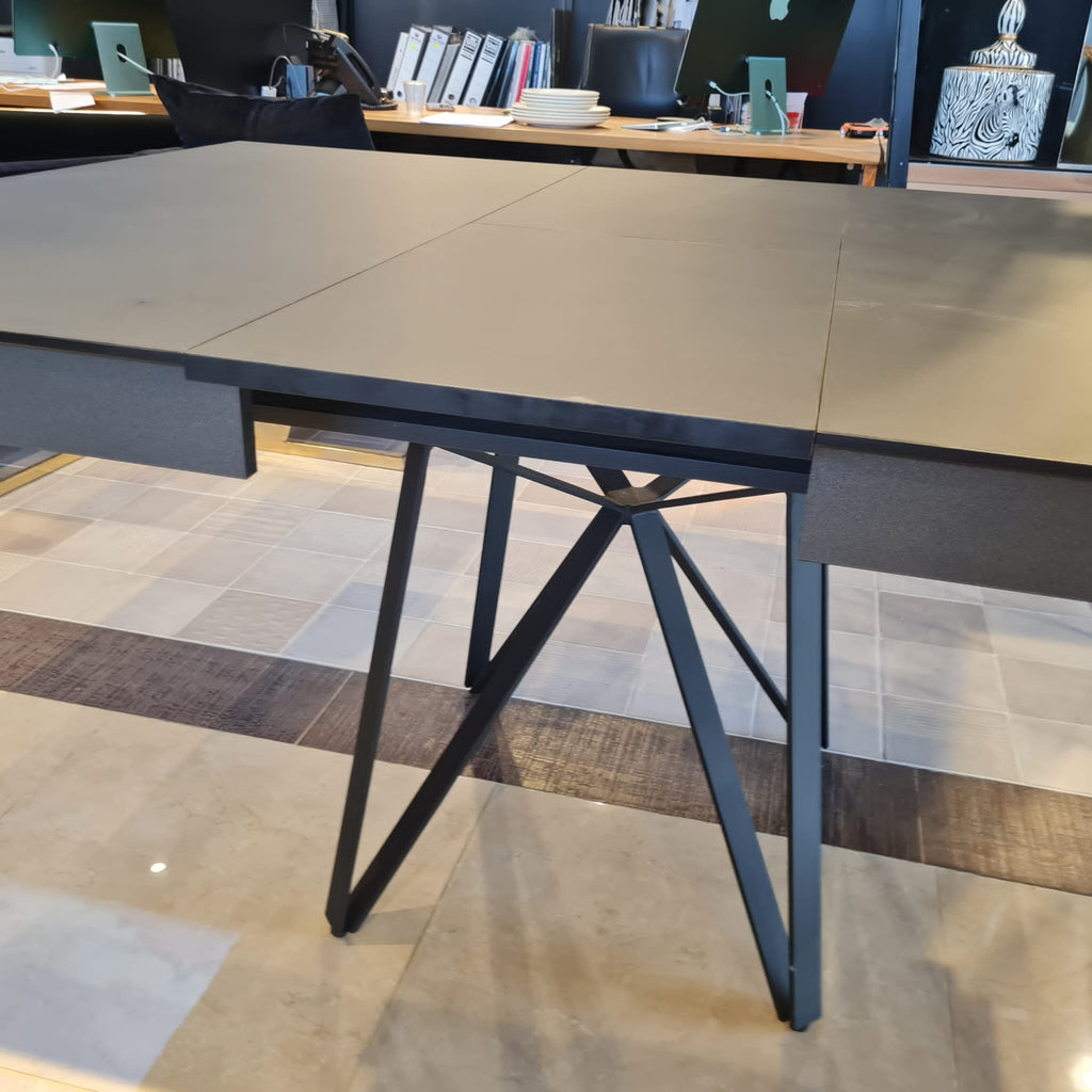 Marshall square gray extendable dining table on angular black legs, view 5