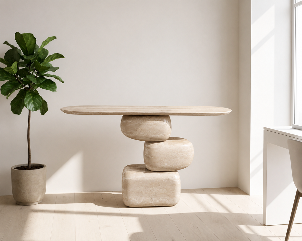 Madrid sculptural console table with organic rounded base, view 3