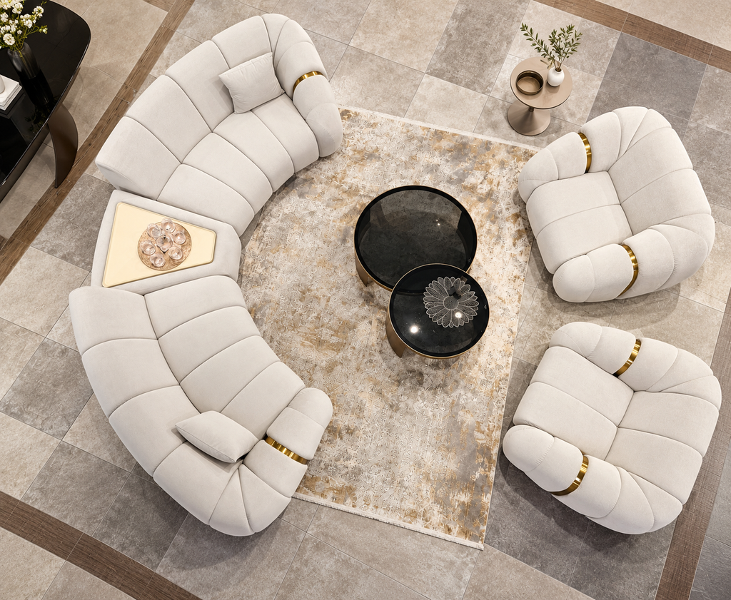 Calimero curved sectional sofa with built-in center table and gold accents, view 3