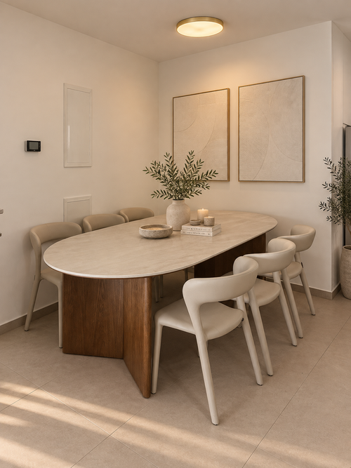 Bombay porcelain top dining table on rounded solid wood legs, view 2