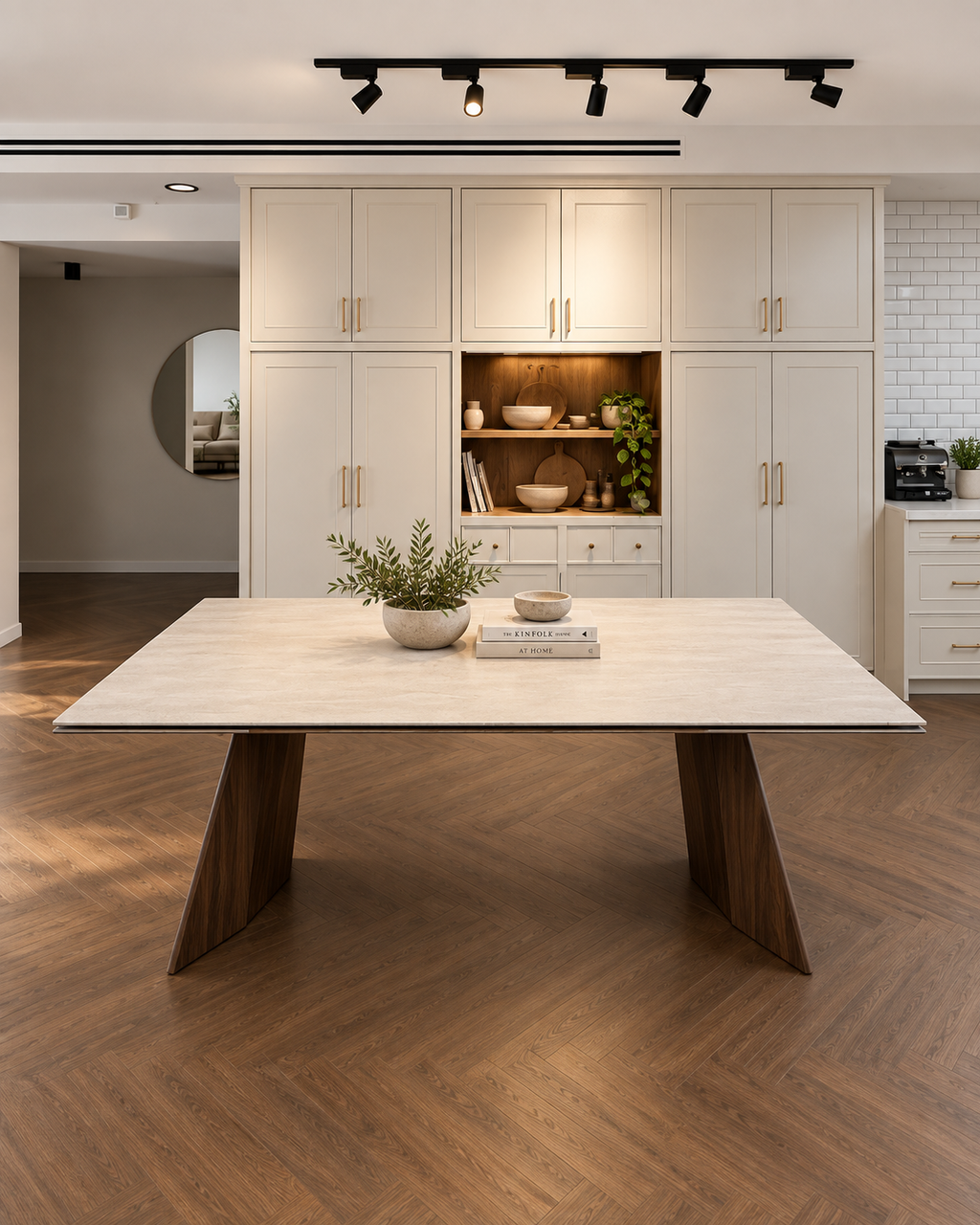 Hadar extendable travertine-look dining table with wood-tone base, view 3