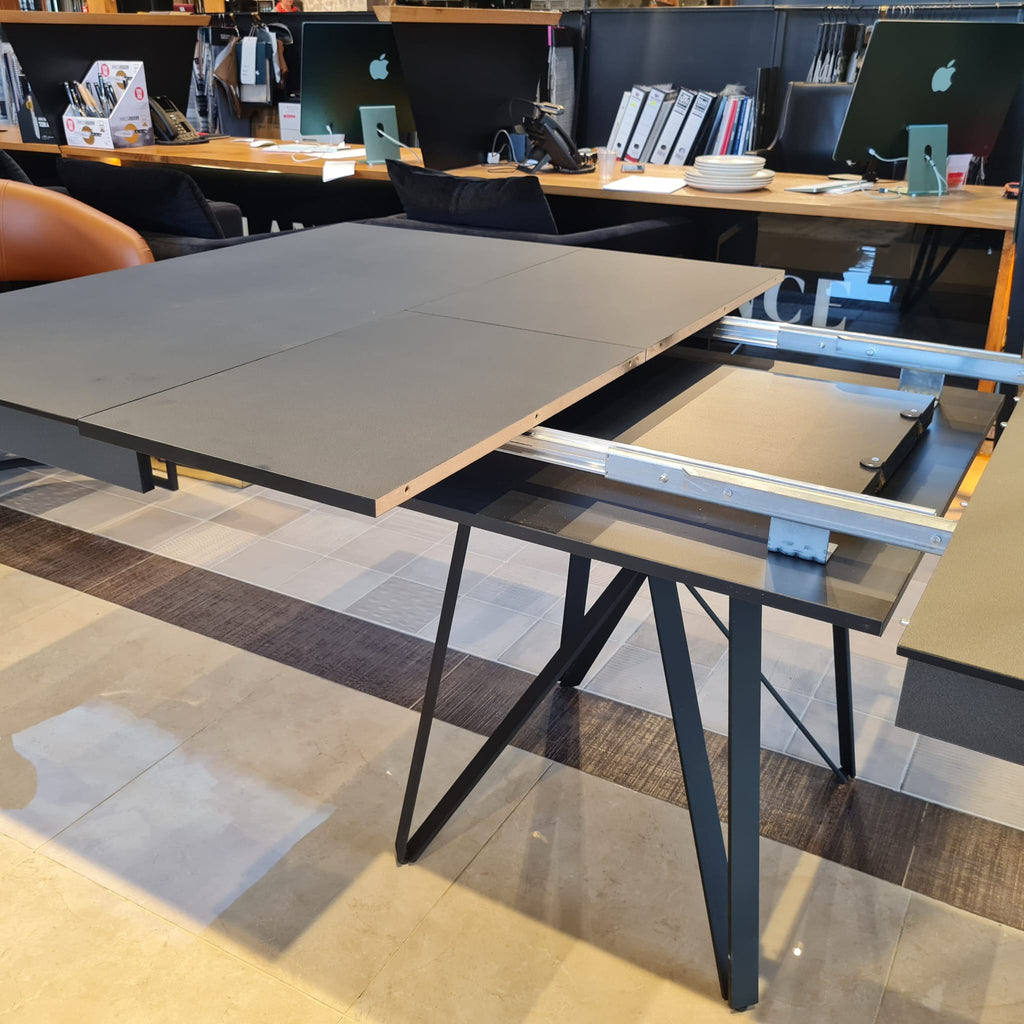 Marshall square gray extendable dining table on angular black legs, view 4