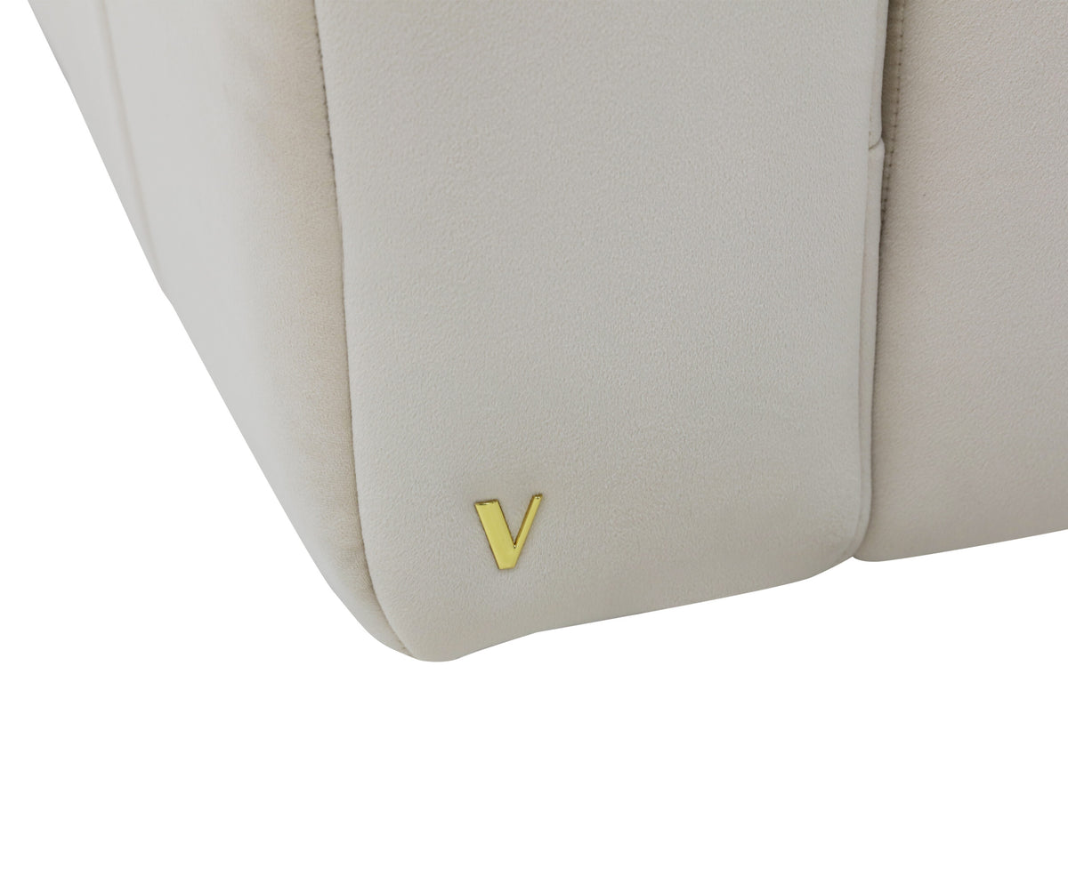 Stripes cream channel tufted sofa with track arms, view 4