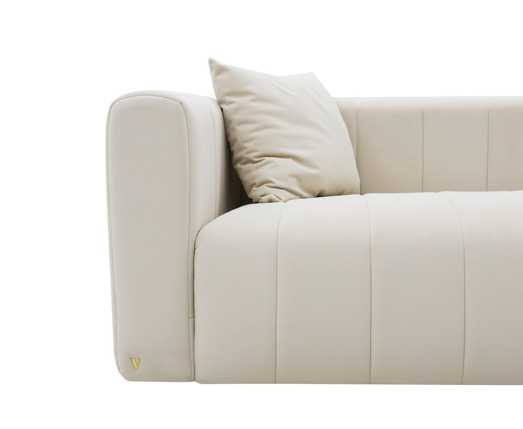 Stripes cream channel tufted sofa with track arms, view 6