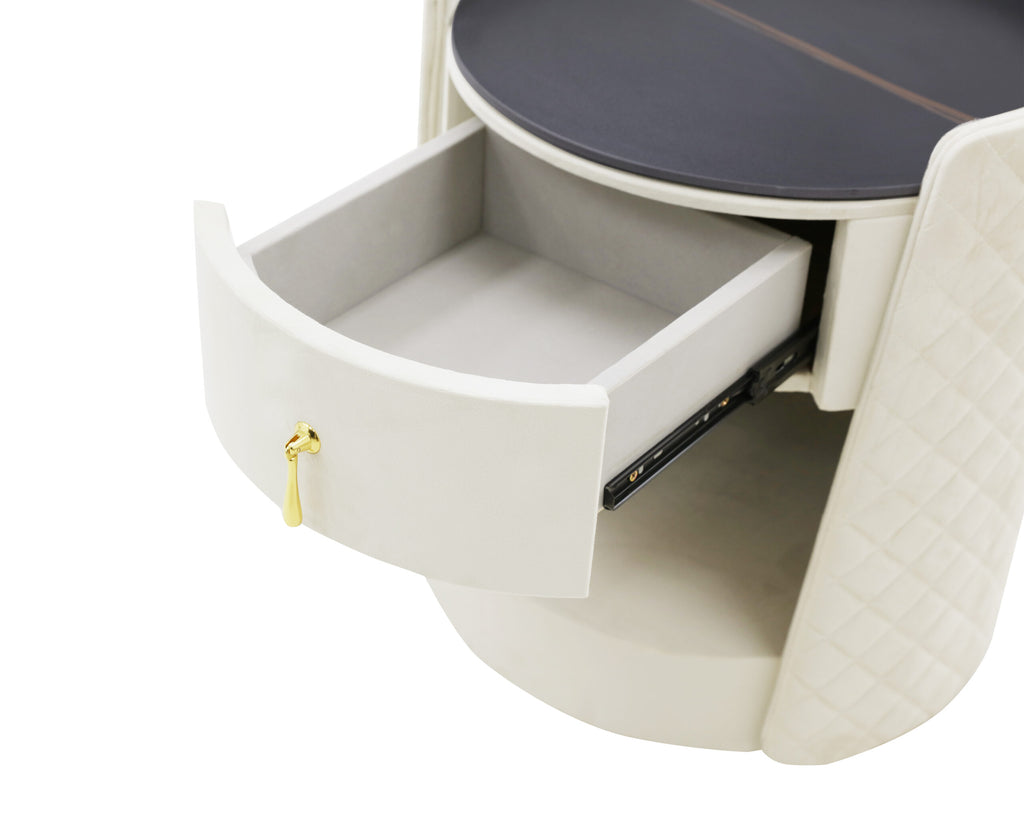 Weekend rounded cream quilted nightstand with black top and gold pull, view 3