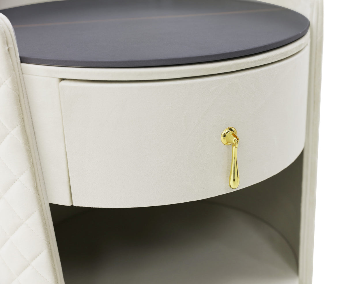 Weekend rounded cream quilted nightstand with black top and gold pull, view 4