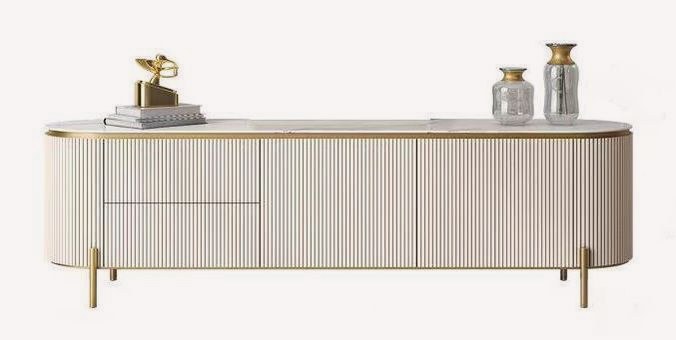 Nikita fluted white media console on gold wire base, view 9