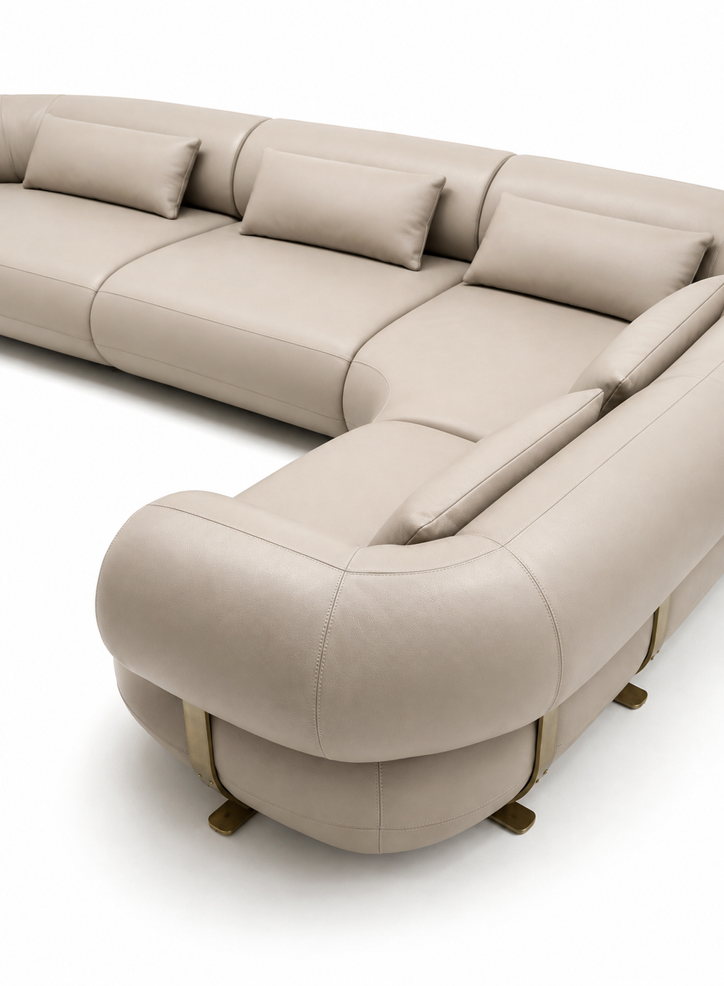 Aristo curved sectional in vegan leather with brass-tone base details, view 3