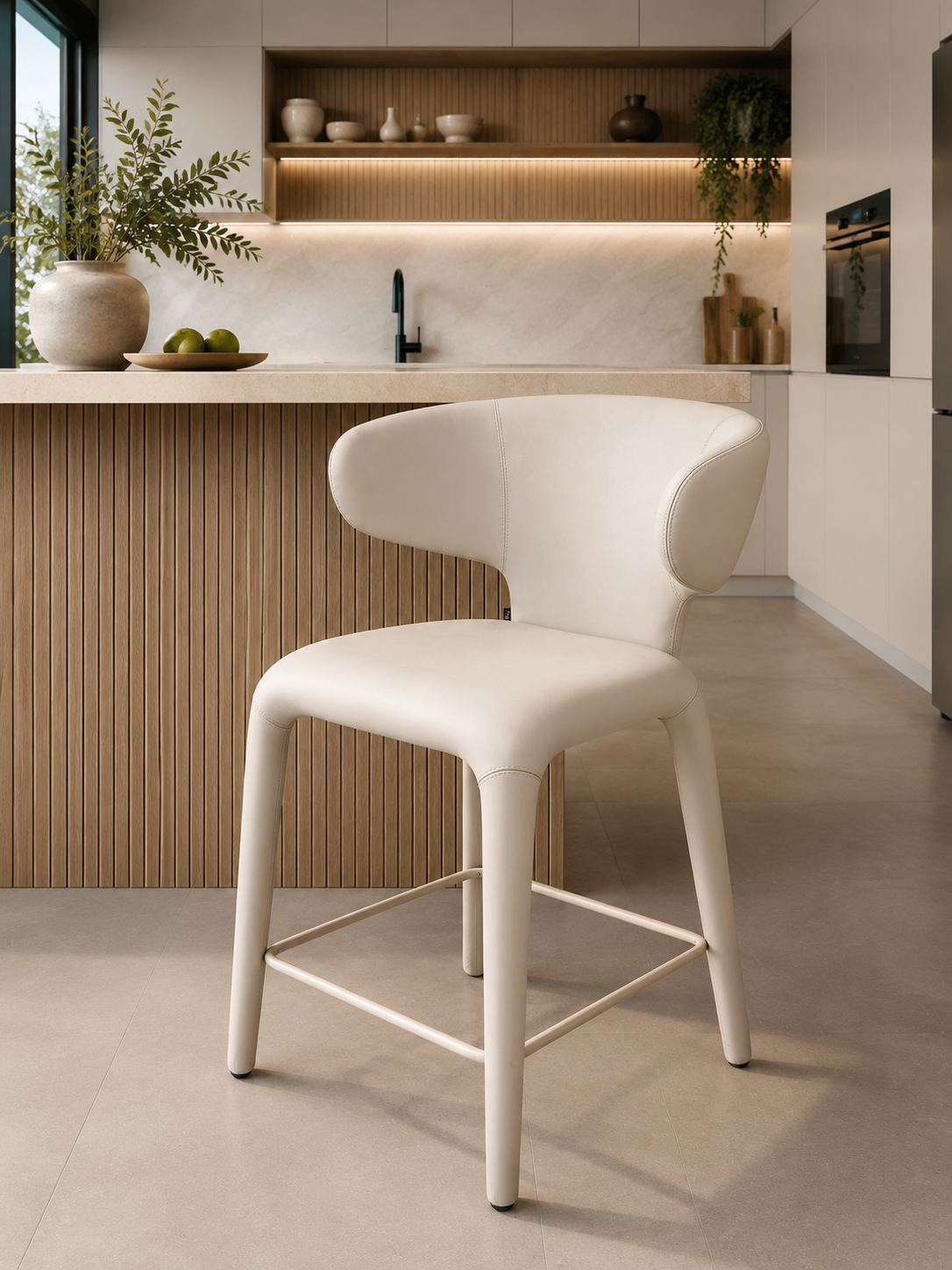Icon upholstered stool with rounded back in vegan leather, view 4