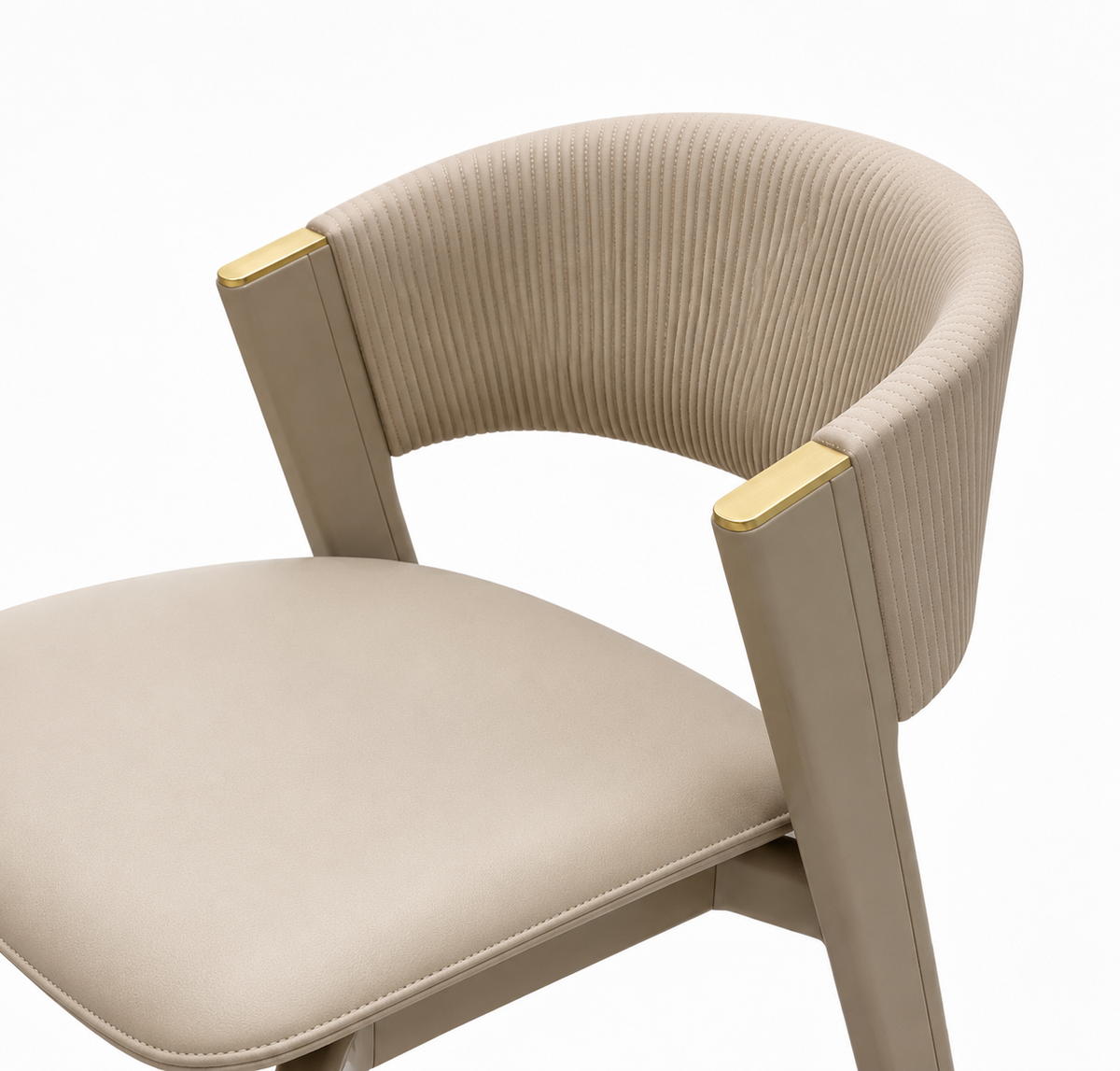 Queen taupe dining chair with stitched back and gold accents, view 4