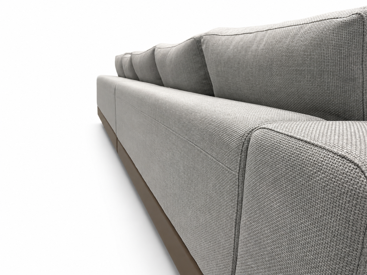 Vietnam low gray chaise sectional on dark platform with side shelf, view 3
