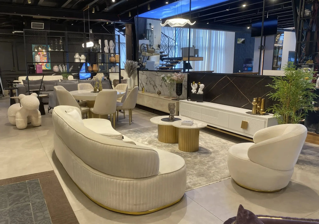 Vegas pair of marble look tables on fluted gold drums, view 6
