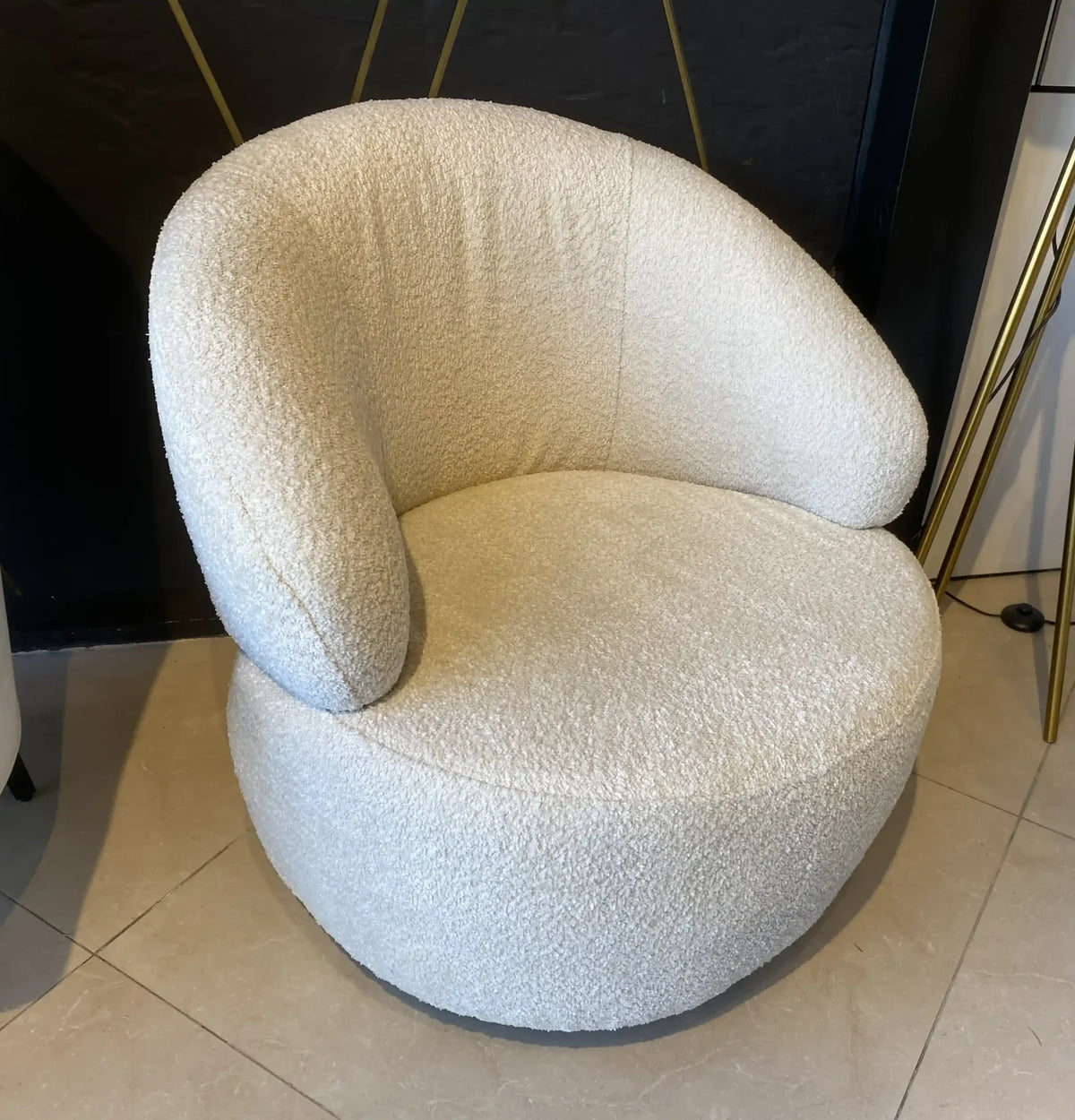 Bella round pale velvet swivel chair with gold base, view 4