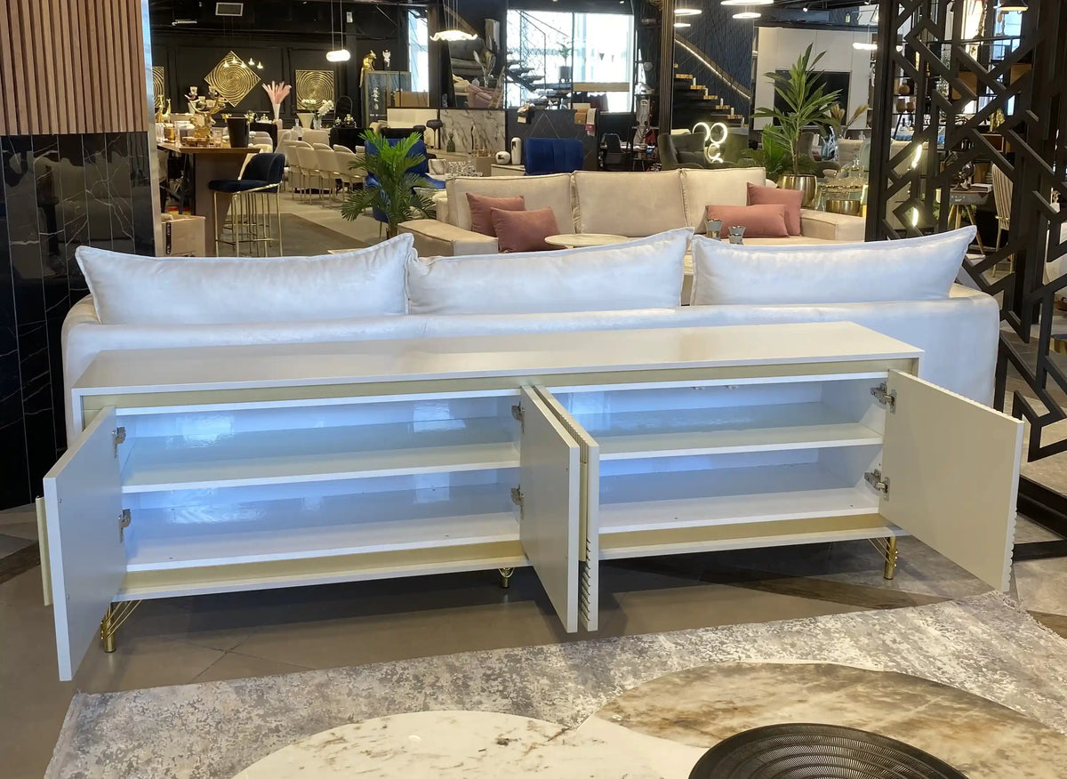 Toronto long white fluted media console with gold frame, view 3