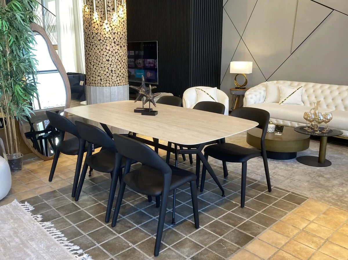 Ovali light top dining table on sculpted black metal base, view 4