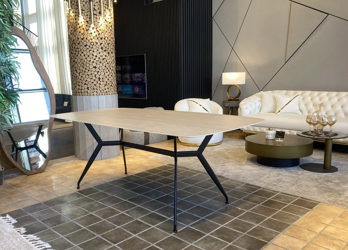 Ovali light top dining table on sculpted black metal base, view 3