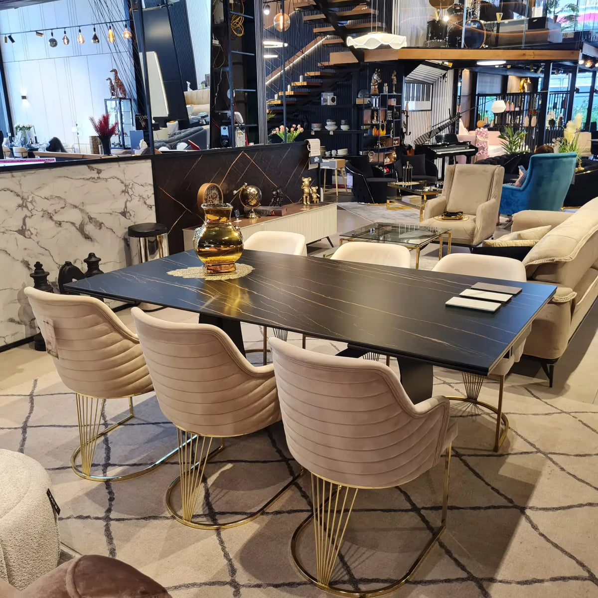 Busto black porcelain dining table on sweeping black base, view 5