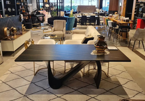 Busto black porcelain dining table on sweeping black base, view 2