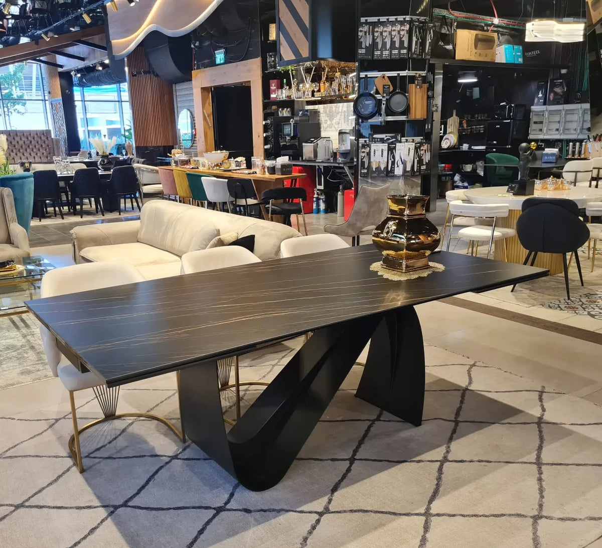 Busto black porcelain dining table on sweeping black base, view 4