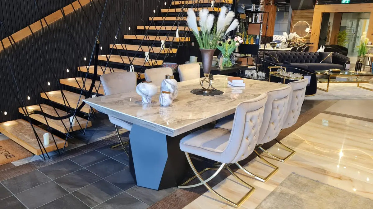 Discovery marble look dining table on faceted black pedestals, view 3