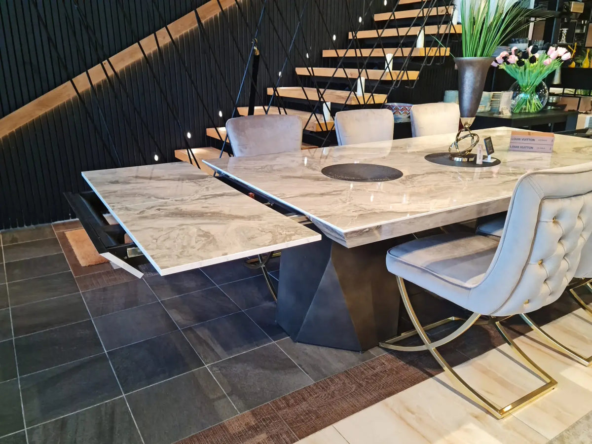 Discovery marble look dining table on faceted black pedestals, view 5