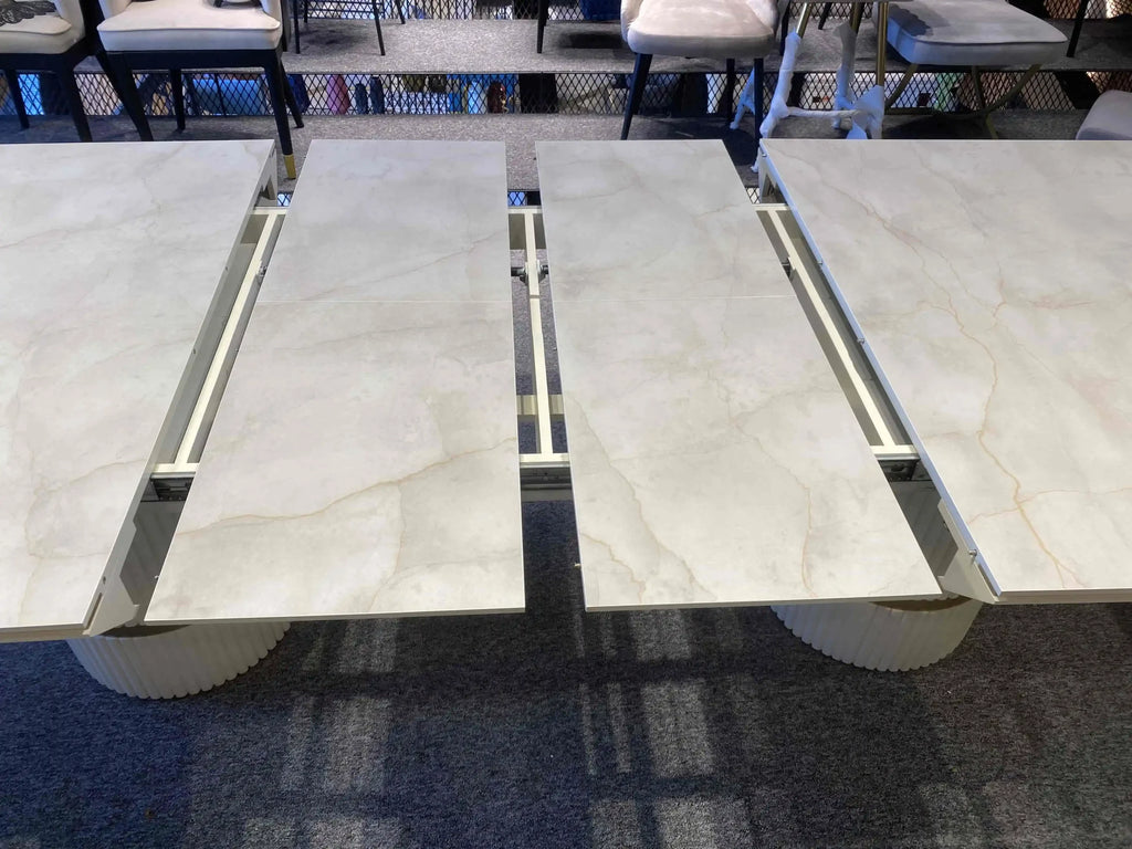 Imperia dining table on two fluted white pedestals with gold band, view 9