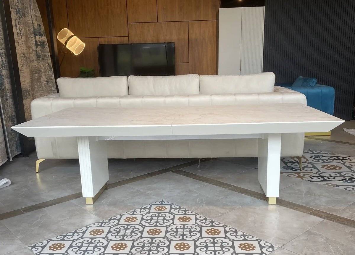 Strip marble look dining table on white panel legs, view 3