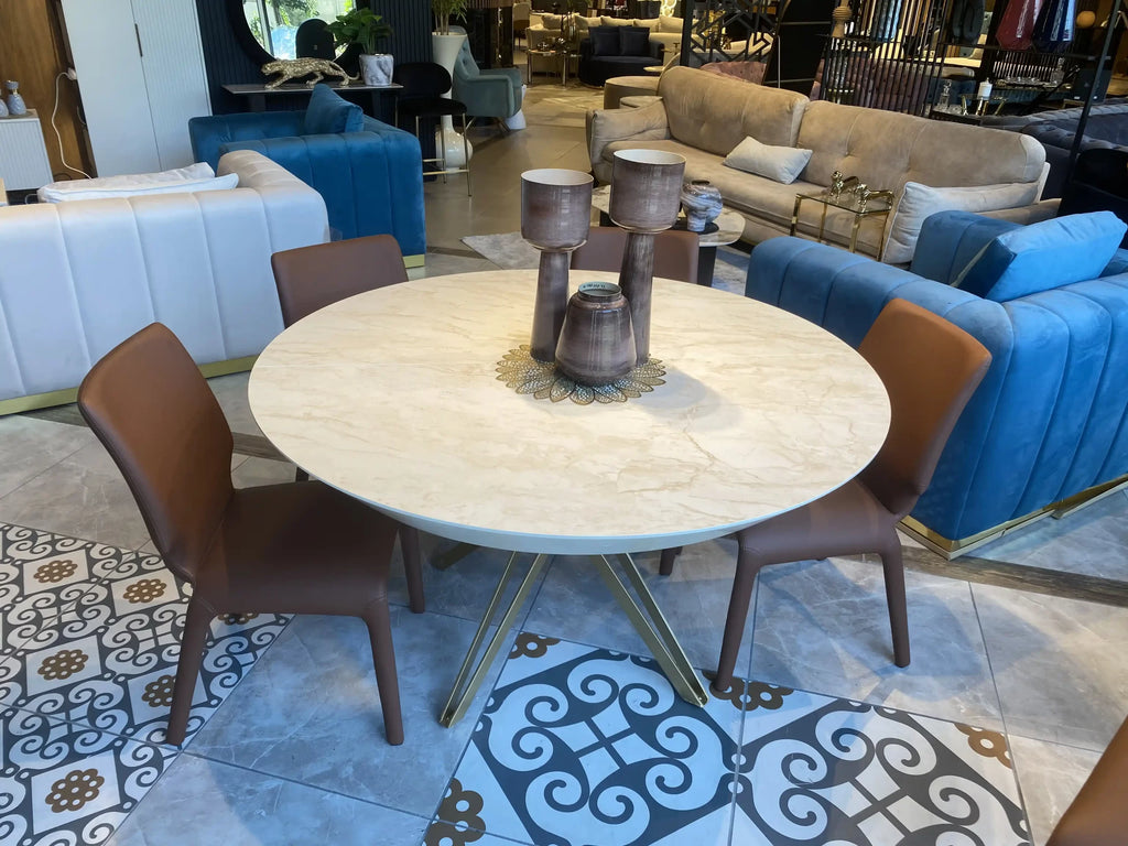 Meital round marble look dining table on gold star base, view 3