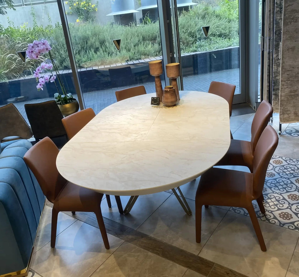 Meital round marble look dining table on gold star base, view 5