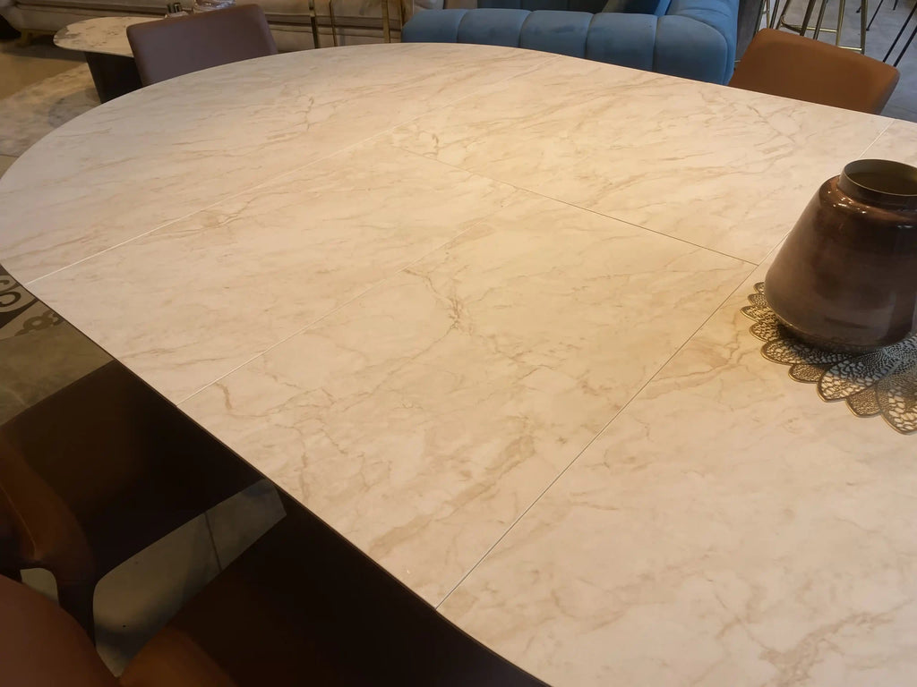 Meital round marble look dining table on gold star base, view 4
