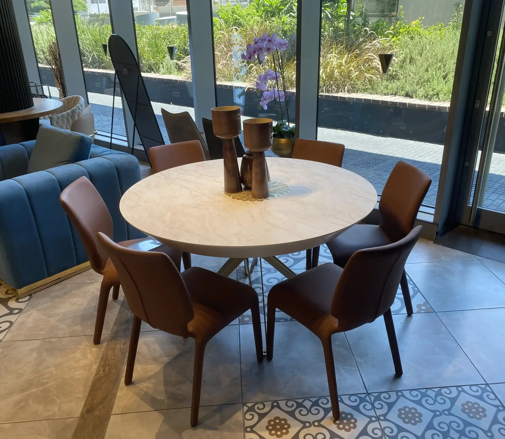 Meital round marble look dining table on gold star base, view 6